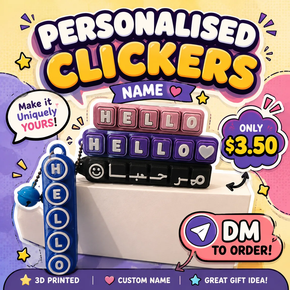 Personalized 3D printed name clickers